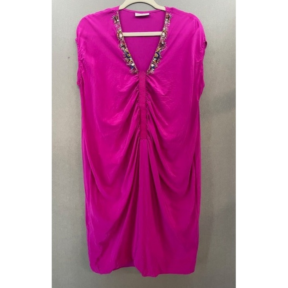 MEGAN PARK Embellished V Neck Ruched Silk Blend Dress Fuchsia Size 2